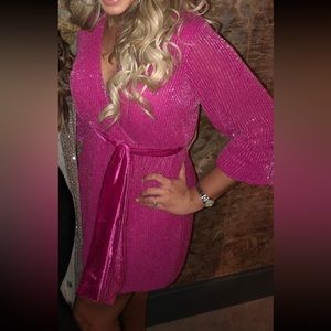 Karina Grimaldi fuschia beaded velvet dress with tie